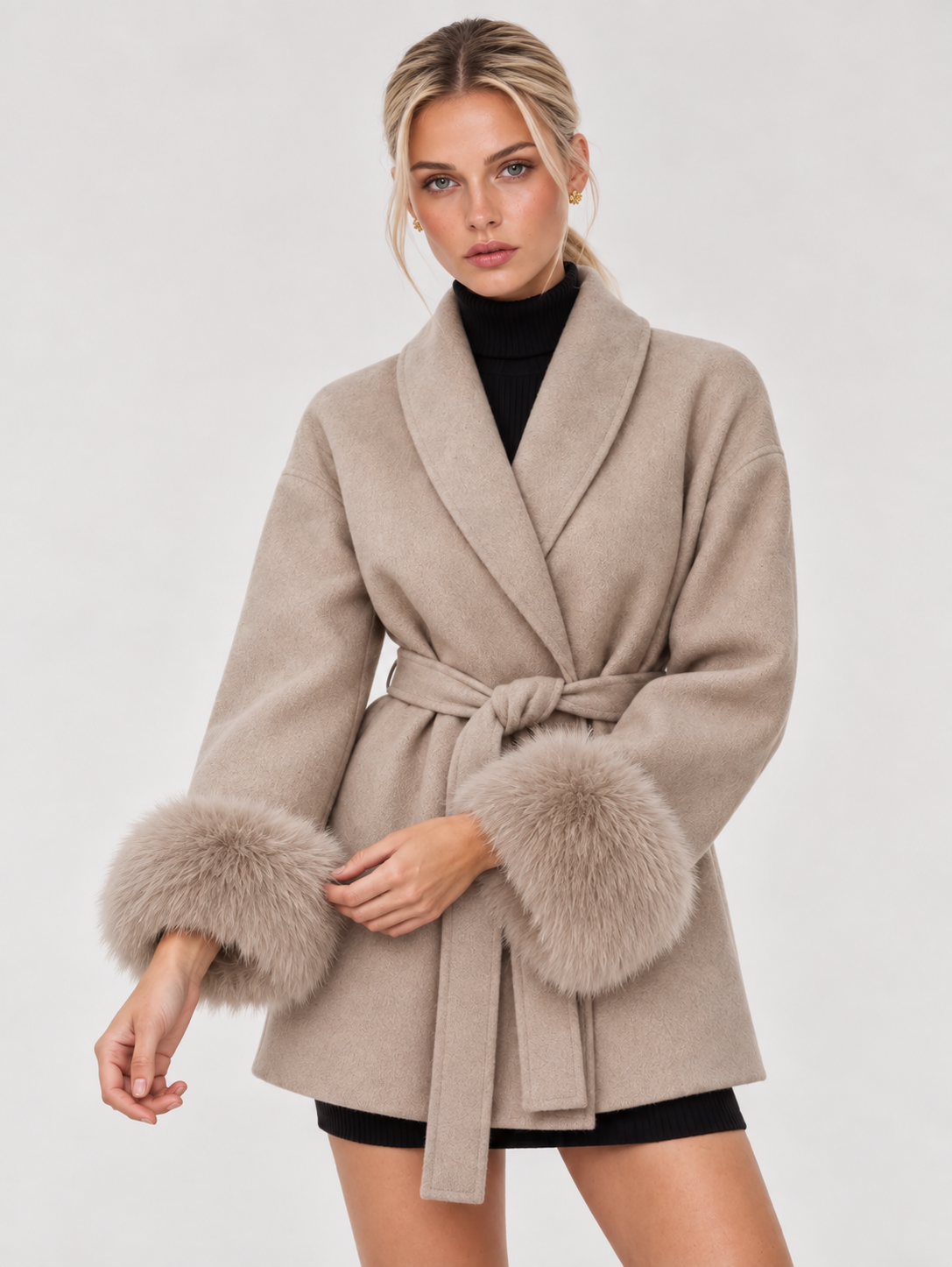 Celine | Cappotto con Cintura e Polsini in Pelliccia Sintetica