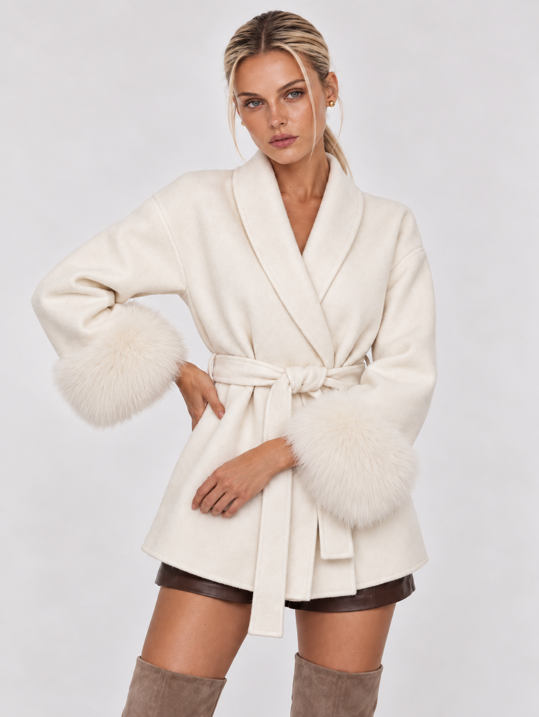 Celine | Cappotto con Cintura e Polsini in Pelliccia Sintetica