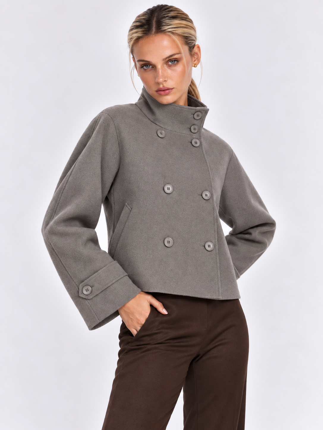 Clara | Cappotto Corto in Tessuto Misto con Collo Alto