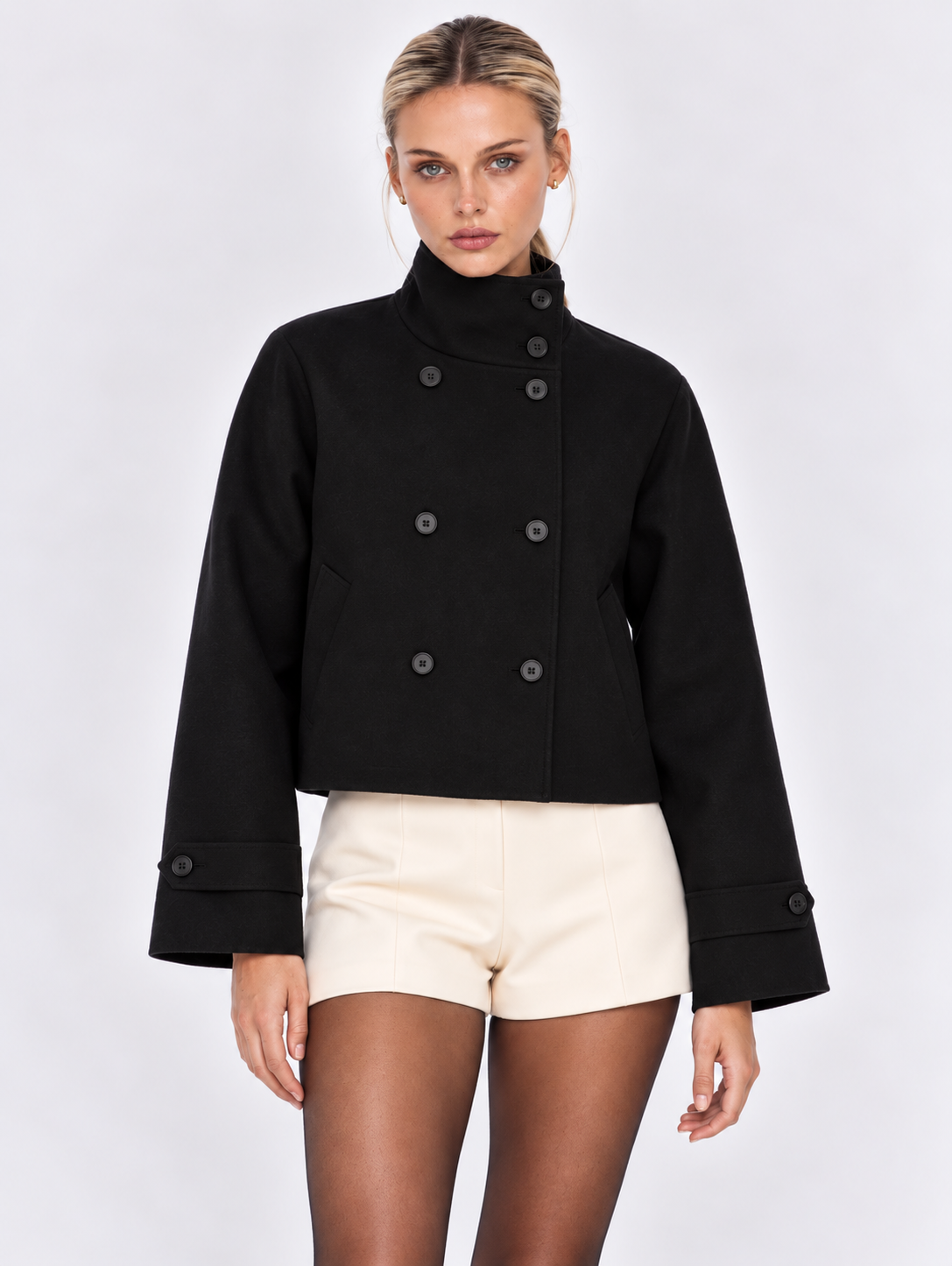 Clara | Cappotto Corto in Tessuto Misto con Collo Alto