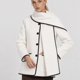 Nellie Cappotto a Mantella in Lana con Profili a Contrasto - Bianco Brillante